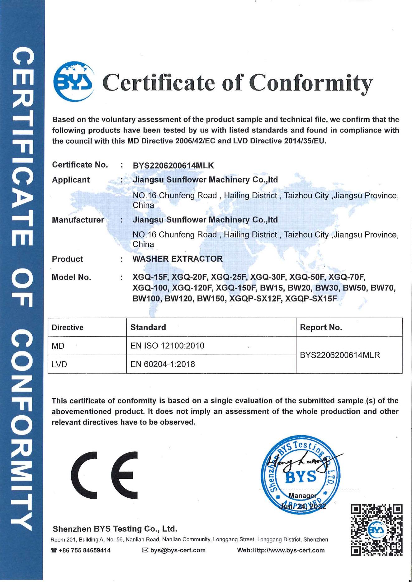 Washer Extractor Certificate